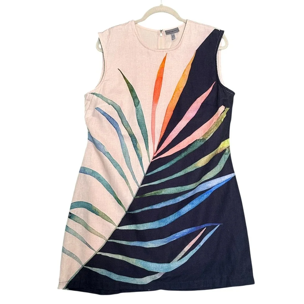 Conditions Apply Anthropologie Shift Dress Large Petite Palm Leaf Navy Pink - Picture 2 of 12